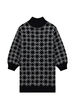 Robe pull tricotée à motif noir et blanc avec un col montant côtelé et des manches ballon avec poignets.