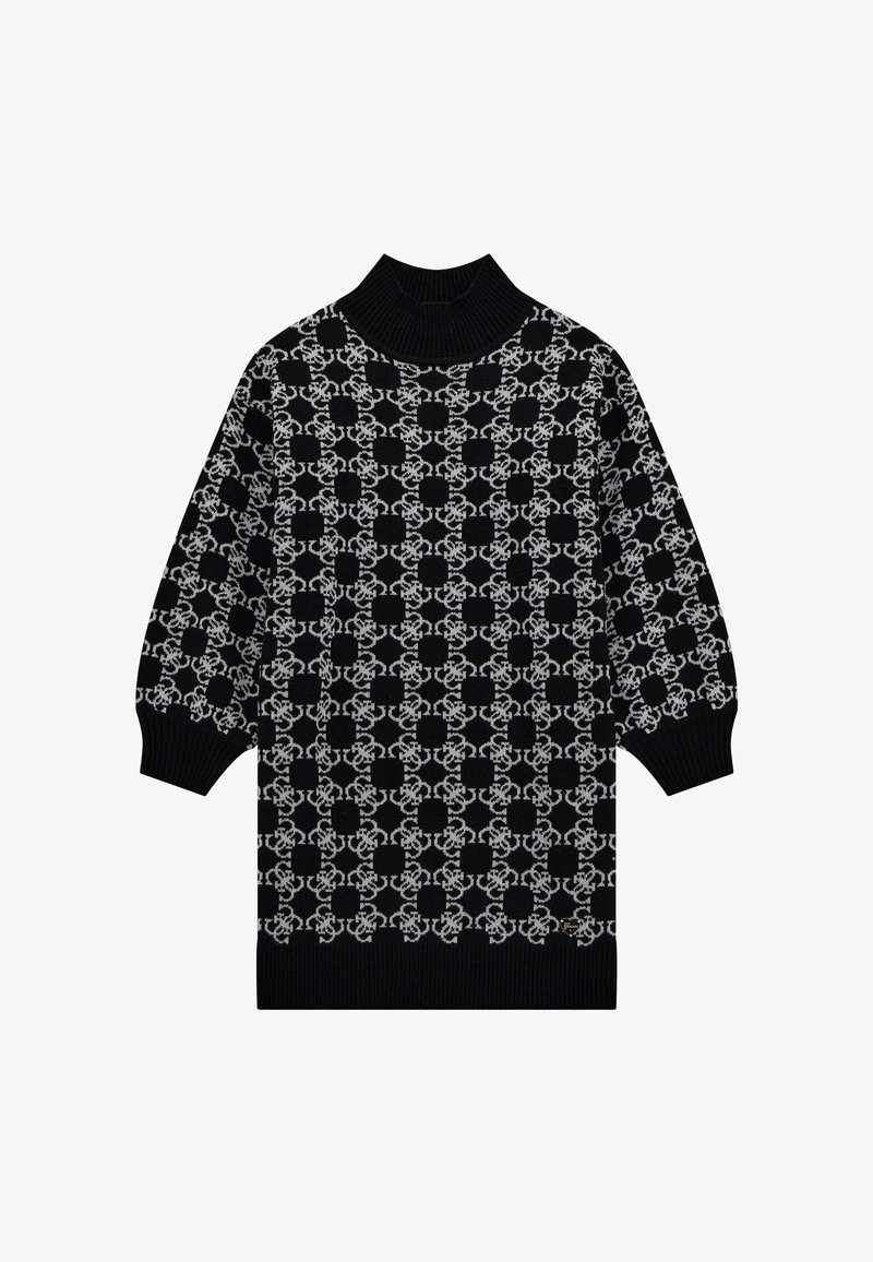 Robe pull tricotée à motif noir et blanc avec un col montant côtelé et des manches ballon avec poignets.