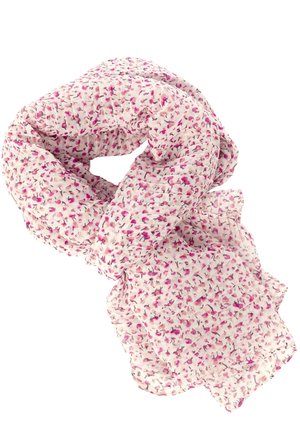Écharpe rose clair avec petit motif floral violet et rose foncé, tissu plissé léger, enroulé librement.