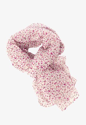 Écharpe rose clair avec petit motif floral violet et rose foncé, tissu plissé léger, enroulé librement.