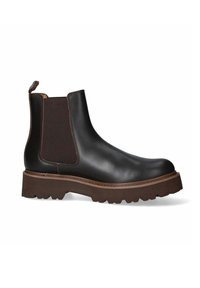Stivale Chelsea in pelle nera con pannelli laterali elasticizzati, suola in gomma marrone a rilievo e linguetta per la presa. Presenta una texture liscia e un design della punta arrotondato.