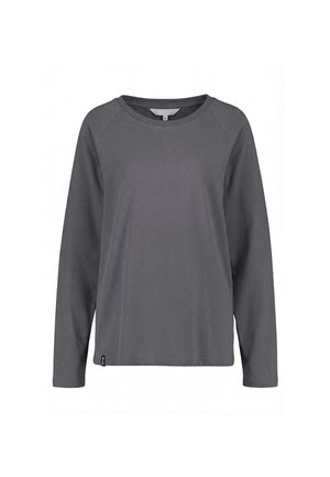 Donkergrijs shirt met lange mouwen, ronde hals en raglanmouwen, eenvoudig ontwerp met een klein zwart label vlak bij de zoom aan de onderkant.