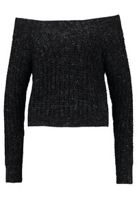 Schwarzer schulterfreier Pullover aus strukturiertem Strickstoff; mit langen Ärmeln und cropped Saum.