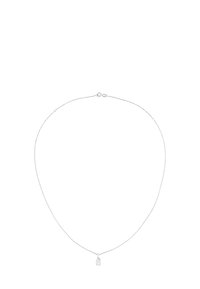 Srebrny naszyjnik łańcuszkowy z małym, przezroczystym charms am w kształcie wizjeru. Projekt jest delikatny i minimalistyczny w wyglądzie.