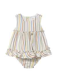 Vestido de bebé sin mangas a rayas con un dobladillo con volantes. Los colores incluyen blanco, verde, amarillo, marrón y azul. Tejido suave con un diseño acampanado.