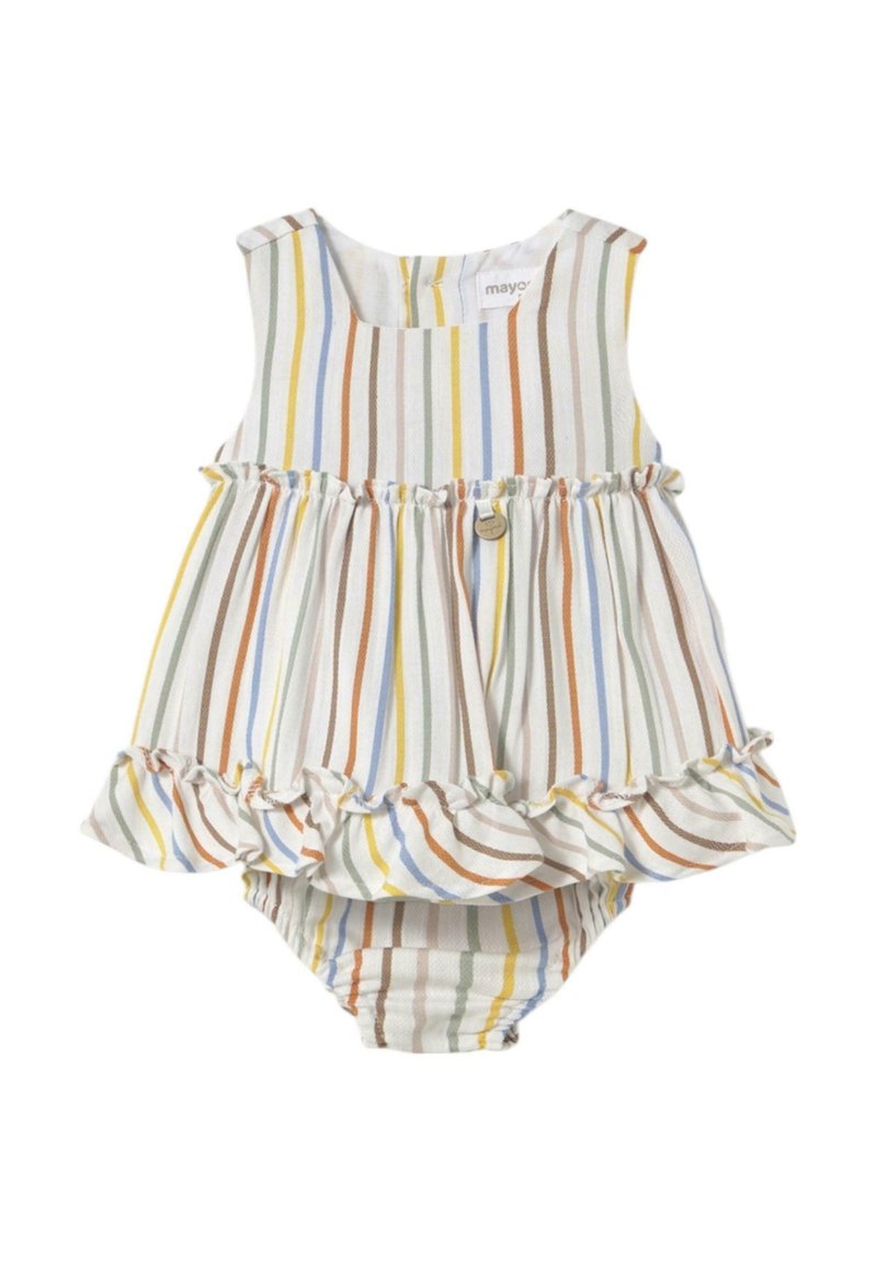 Vestido de bebé sin mangas a rayas con un dobladillo con volantes. Los colores incluyen blanco, verde, amarillo, marrón y azul. Tejido suave con un diseño acampanado.