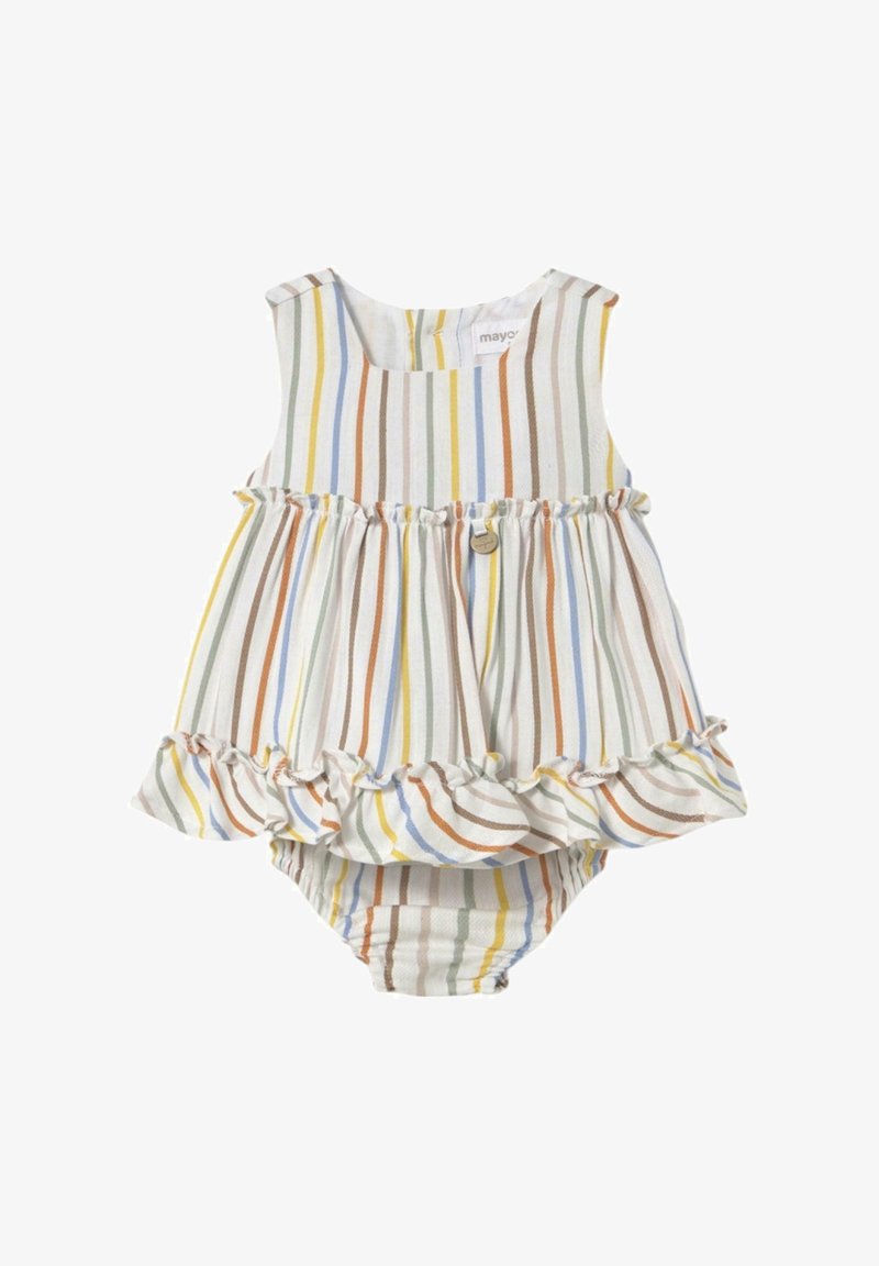 Vestido de bebé sin mangas a rayas con un dobladillo con volantes. Los colores incluyen blanco, verde, amarillo, marrón y azul. Tejido suave con un diseño acampanado.
