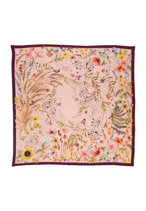 Quadratisches Tuch mit floralem und botanischem Muster in sanften Rosa-, Lila-, Gelb- und Grüntönen, umrahmt von einem tiefen Burgunderrahmen.