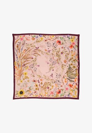 Quadratisches Tuch mit floralem und botanischem Muster in sanften Rosa-, Lila-, Gelb- und Grüntönen, umrahmt von einem tiefen Burgunderrahmen.