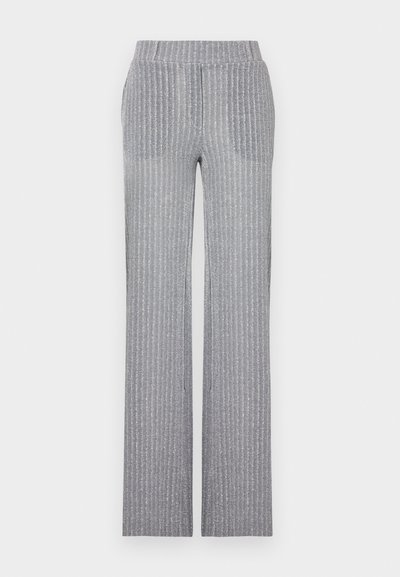 Gray, ribbed knit pants with a fitted waistband and flared legs. Features subtle sheen and vertical stripes for texture.
