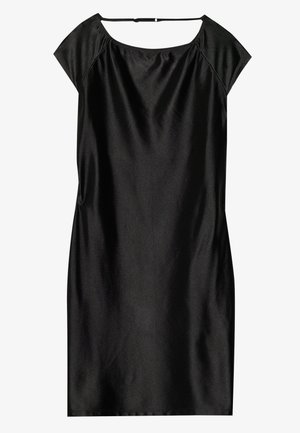 Must mustankleit laevade kaelusega, lühikeste varrukatega ja voolujoonelise silueti kujundusega. Sile tekstuur ja minimalistik disain rõhutavad lihtsust.