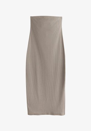 Beige form-fitting midi dress without sleeves, featuring a smooth, ribbed texture and a straight silhouette, extending to mid-calf.