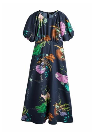 Marineblaues Midikleid mit Puffärmeln, verziert mit bunten floralen und abstrakten Mustern in Grün-, Orange-, Pink- und Lilatönen.
