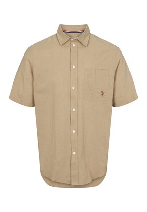Béžová košile s krátkými rukávy z lnu. Má límec, zapínání na knoflíky vpředu, jednobarevnou náprsní kapsu a malý vyšívaný detail.