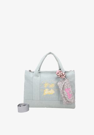Lichtblauwe stoffen tote bag met gouden "Barbie" logo en palmboomafbeelding. Inclusief verwijderbare grijze schouderriem en bijpassend tijgerprint etui.