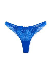 Blue lace thong with floral accents, scalloped edges, and a smooth fabric front panel. Features intricate patterns and a sheer texture.