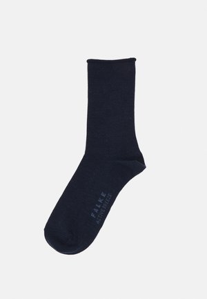 Dark blue cotton sock with a smooth texture, mid-calf length, and subtle branding on the side. No patterns or embellishments present.