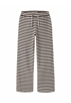 Pantalon à jambes larges avec des rayures horizontales marron et blanches et une ceinture élastique avec un cordon blanc.
