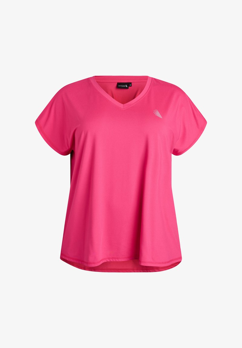 Camiseta rosa de manga corta con cuello en V, confeccionada con una tela suave y ligera. Presenta un logo sutil en el pecho y un corte relajado.