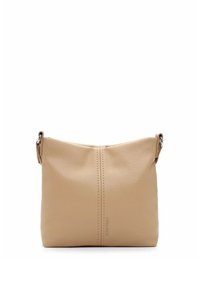Borsa a tracolla in pelle beige con finitura testurizzata, dotata di una singola tracolla superiore e un dettaglio di cucitura centrale. Design compatto e semplice.