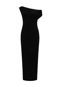 Svart avskuren midi-klänning med en kroppsnära siluett, texturerad tyg och ett subtilt mönster. Slät yta och elegant form.