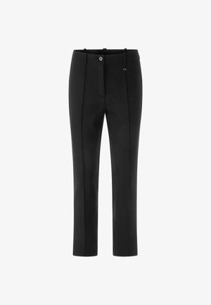 Black tailored trousers with a straight leg design, made from smooth fabric. Features a button closure and front pleats.