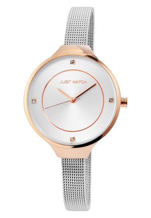 Metallic mesh band watch with a round white dial, rose gold accents, and five crystal markers. Features minimalist design with slim hands.