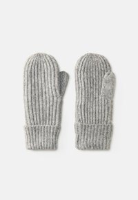 Genaaid grijze wanten met ribbelstructuur, ronde punten en een manchet. Gemaakt van warm garen voor wintergebruik.