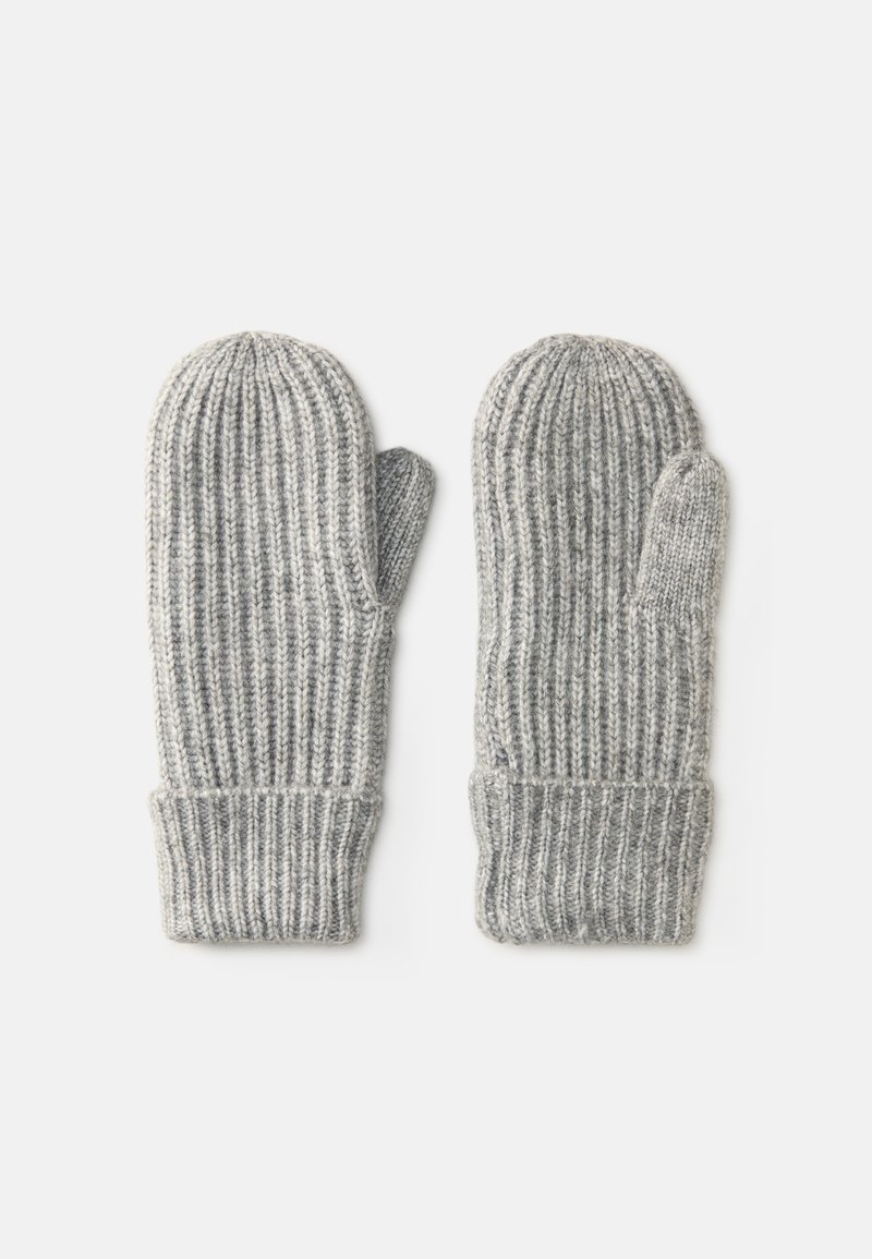Genaaid grijze wanten met ribbelstructuur, ronde punten en een manchet. Gemaakt van warm garen voor wintergebruik.