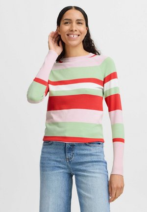 Gestreifter Pullover in Pink-, Grün- und Rottönen, mit Rundhalsausschnitt und langen Ärmeln, aus weichem Strickmaterial gefertigt.