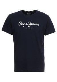 Námořnická modrá trička s krátkým rukávem s bílým nápisem "Pepe Jeans" a šedým textem "London" umístěným uprostřed vpředu.