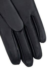 Gants en cuir noir avec une texture lisse, comportant trois sections distinctes pour les doigts et un design élégant. Convient pour une utilisation par temps froid.