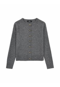 Szary kardigan z okrągłym dekoltem, z siedmioma złotymi guzikami z przodu oraz prążkowanymi mankietami i dołem. Miękka dzianina o przyjemnej fakturze.