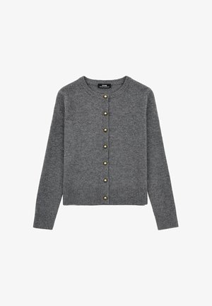 Szary kardigan z okrągłym dekoltem, z siedmioma złotymi guzikami z przodu oraz prążkowanymi mankietami i dołem. Miękka dzianina o przyjemnej fakturze.