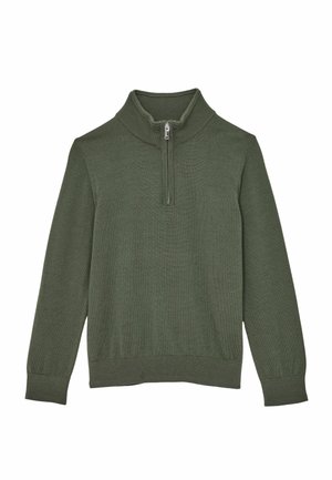 Olijfgroene pullover met ritssluiting en lange mouwen, gemaakt van zachte stof. Het heeft een geribde kraag en manchetten, met een gladde textuur zonder patronen.