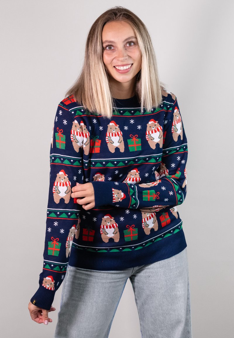 Strickpullover in Marineblau mit Mustern von Bären, die Schals tragen, Feiertagsgeschenken und Schneeflocken. Rippbündchen und -saum, weicher Stoff.