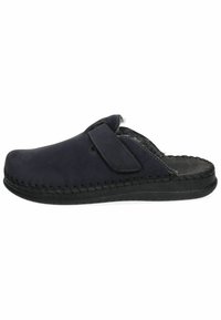 Zoccoli slip-on blu navy in pelle con finitura testurizzata, dotati di una cinturino in Velcro, fodera morbida e una robusta suola in gomma nera.
