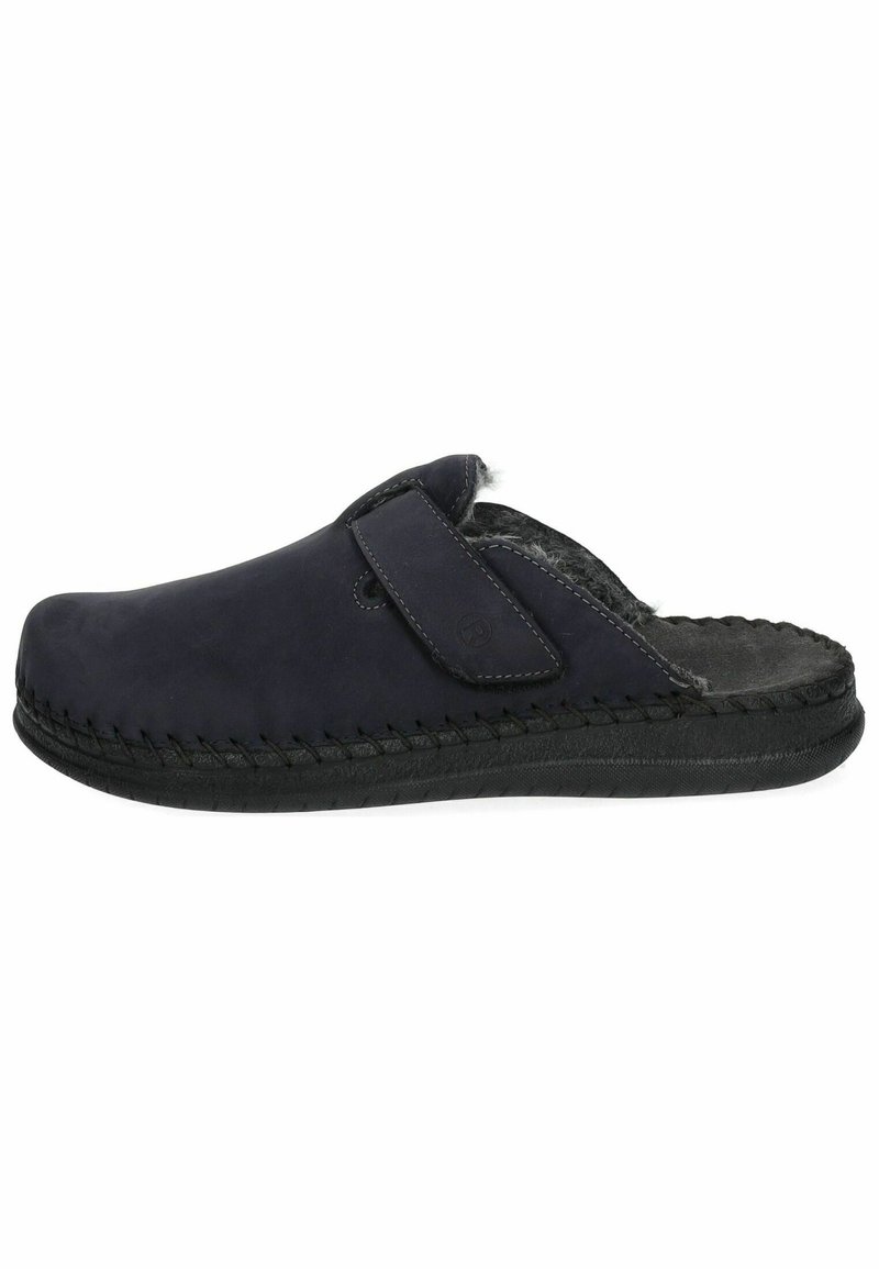Zoccoli slip-on blu navy in pelle con finitura testurizzata, dotati di una cinturino in Velcro, fodera morbida e una robusta suola in gomma nera.