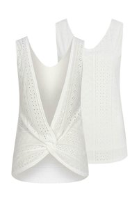 Top bianco senza maniche con scollatura a V profonda, dettaglio anteriore annodato e motivo ad occhio. Tessuto liscio, leggero e vestibilità rilassata.
