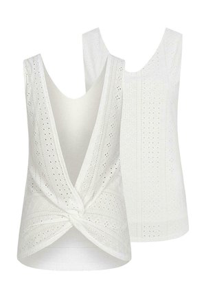Top blanco sin mangas con un escote en V profundo, detalle de nudo en el frente y patrón de ojales. Textura suave, tejido ligero y corte relajado.