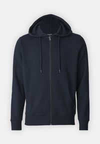 Mørkeblå lynlås hoodie lavet af blødt stof, med en rummelig hætte, forlommer og ribbet manchetter for ekstra komfort.