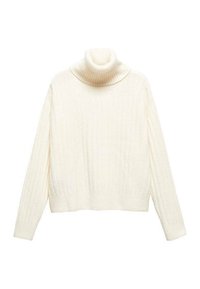 Maglione a collo alto in maglia crema con texture a coste, maniche lunghe e orlo corto. Tessuto morbido e leggero per il massimo comfort.