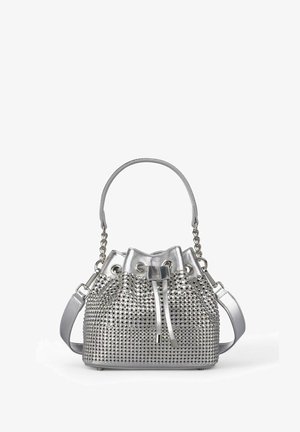 Silver bucket bag with textured surface, featuring metallic stud detailing, dual top handles, and a drawstring closure.