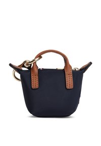 Τσάντα από ύφασμα ναυτικού μπλε με καφέ δερμάτινες λεπτομέρειες και λαβές. Διαθέτει χρυσό μεταλλικό κρίκο και ραφές στις λαβές.