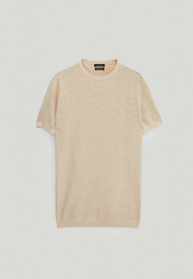 Pull en tricot beige à manches courtes avec col rond, présenté à plat sur un fond clair.