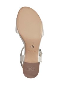 Helle Sandale mit einer strukturierten, flexiblen Sohle. Verfügt über einen verstellbaren Riemen mit metallischer Schnalle und bedruckter Markenkennung auf der Innensohle.
