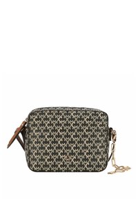 Borsa a tracolla marrone a motivo con hardware dorato, caratterizzata da una tracolla a catena e forma rettangolare, realizzata in materiale sintetico.