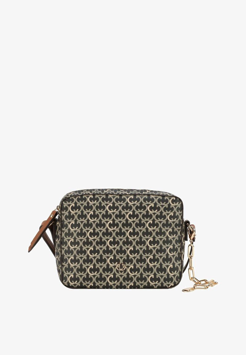 Brun mønstrede crossbody taske med gyldent hardware, udstyret med kædestropp og rektangulær form, lavet af syntetisk materiale.