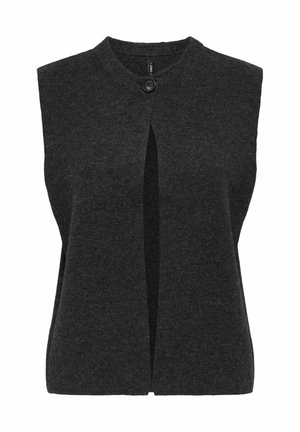 Gilet senza maniche di colore grigio ardesia realizzato in tessuto morbido, con collo tondo, spacco anteriore e chiusura con un singolo bottone nero.