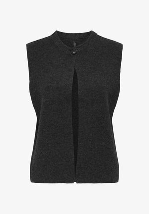 Sleeveless, charcoal gray vest made from soft fabric, featuring a round neck, front slit, and a single black button closure.